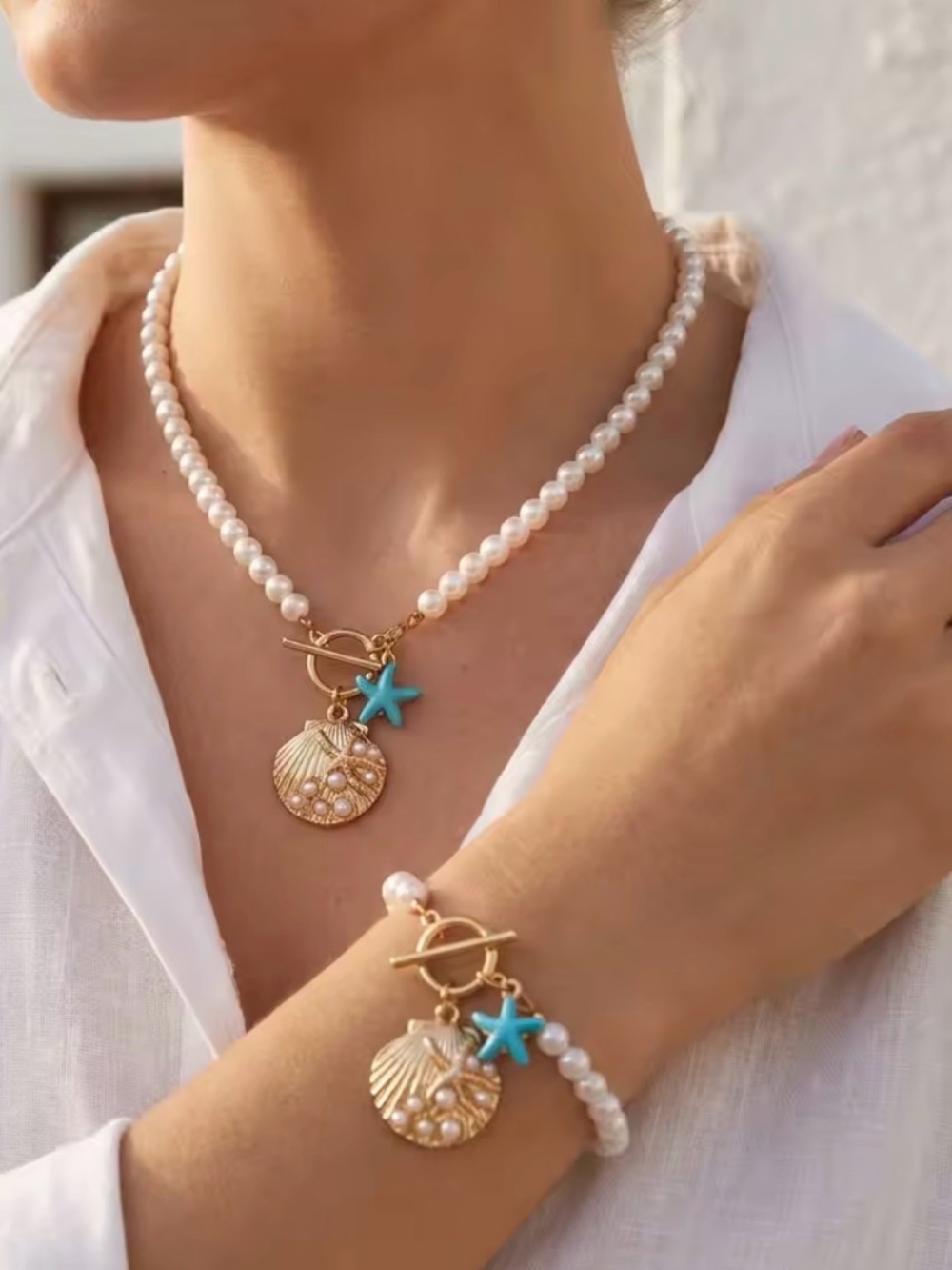 Gold Shell & Turquoise Star Pearl Necklace & bracelet set